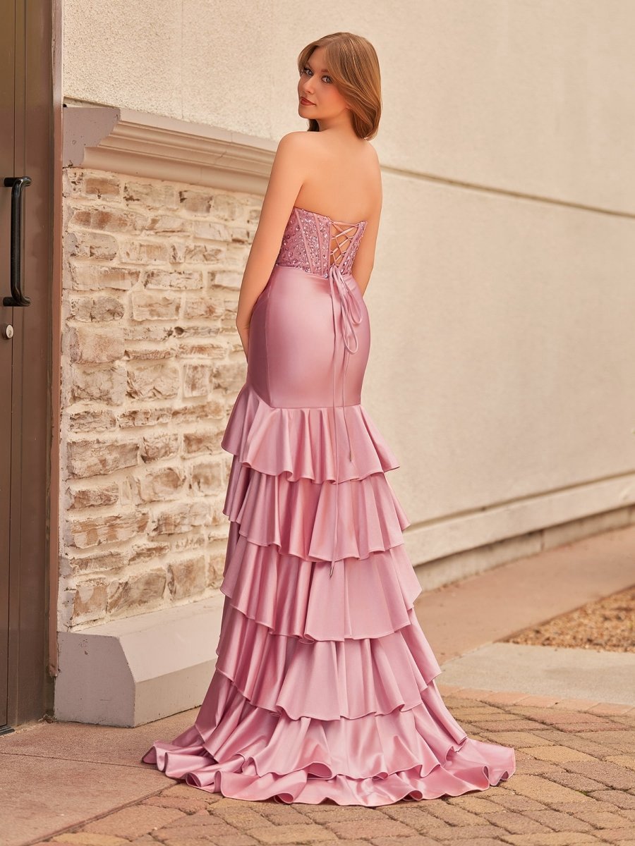 Charming Mermaid Strapless Satin Long Prom Dresses with Appliques