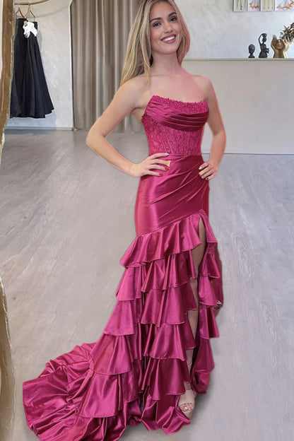 Charming Mermaid Strapless Satin Long Prom Dresses with Appliques