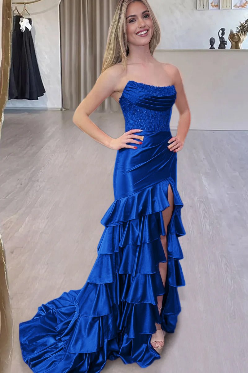 Charming Mermaid Strapless Satin Long Prom Dresses with Appliques