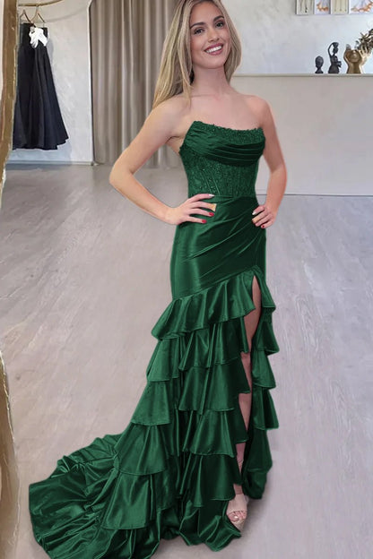 Charming Mermaid Strapless Satin Long Prom Dresses with Appliques