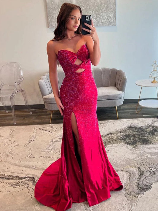 Glitter Mermaid Sweetheart Cut-out Long Prom Dresses with Beading