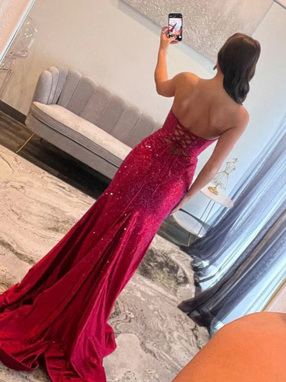Glitter Mermaid Sweetheart Cut-out Long Prom Dresses with Beading