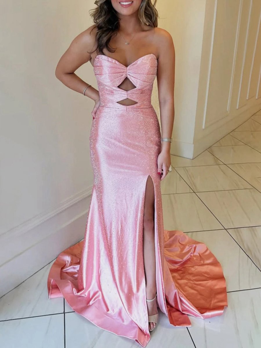 Glitter Mermaid Sweetheart Cut-out Long Prom Dresses with Beading