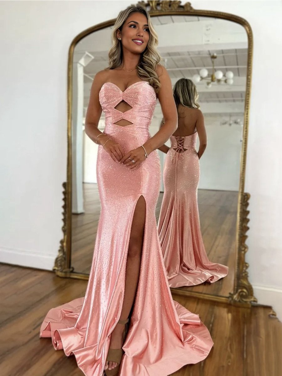 Glitter Mermaid Sweetheart Cut-out Long Prom Dresses with Beading