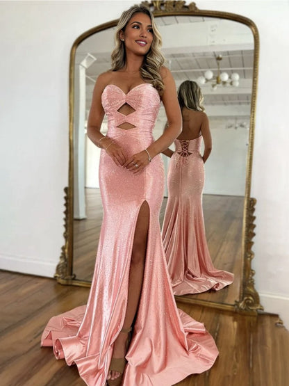 Glitter Mermaid Sweetheart Cut-out Long Prom Dresses with Beading
