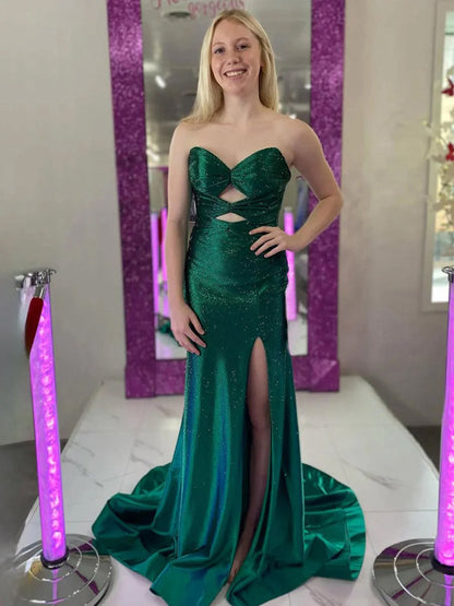 Glitter Mermaid Sweetheart Cut-out Long Prom Dresses with Beading