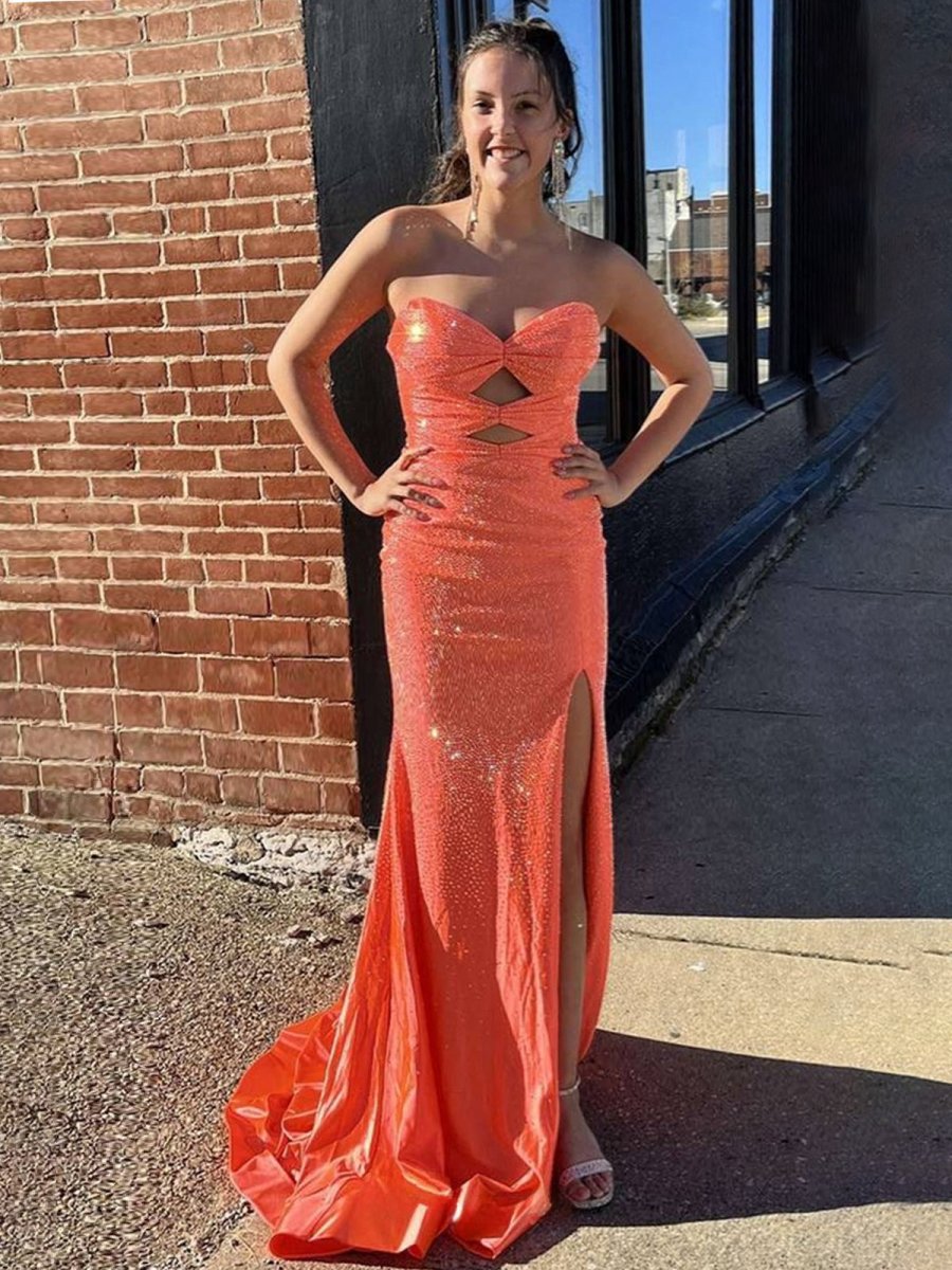 Glitter Mermaid Sweetheart Cut-out Long Prom Dresses with Beading
