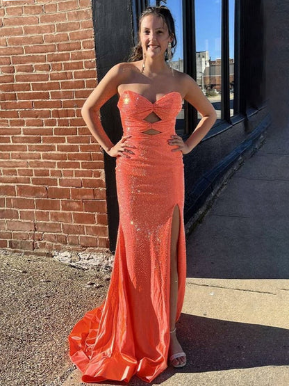 Glitter Mermaid Sweetheart Cut-out Long Prom Dresses with Beading