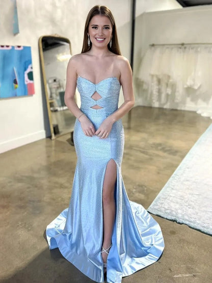 Glitter Mermaid Sweetheart Cut-out Long Prom Dresses with Beading