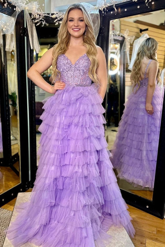 Appliques V-Neck Ruffle Tie Long Prom Dresses