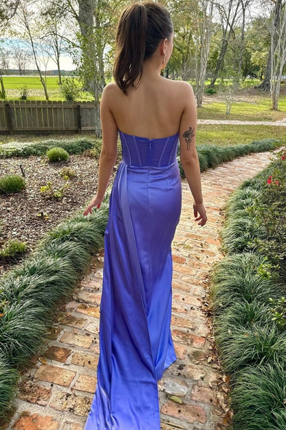 Periwinkle Strapless Pleated Formal Dresses with Attached Train