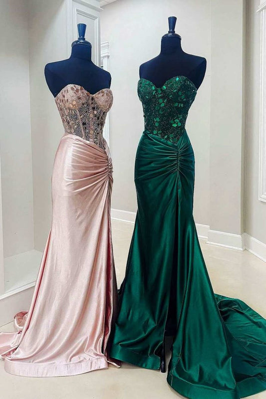 Cut Glass Mirror Rhinestone Corset Long Evening Dresses with Slit