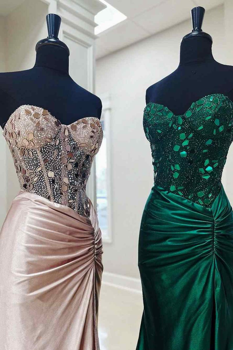 Cut Glass Mirror Rhinestone Corset Long Evening Dresses with Slit