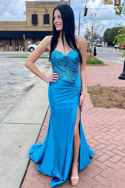 Cut Glass Mirror Rhinestone Corset Long Evening Dresses with Slit