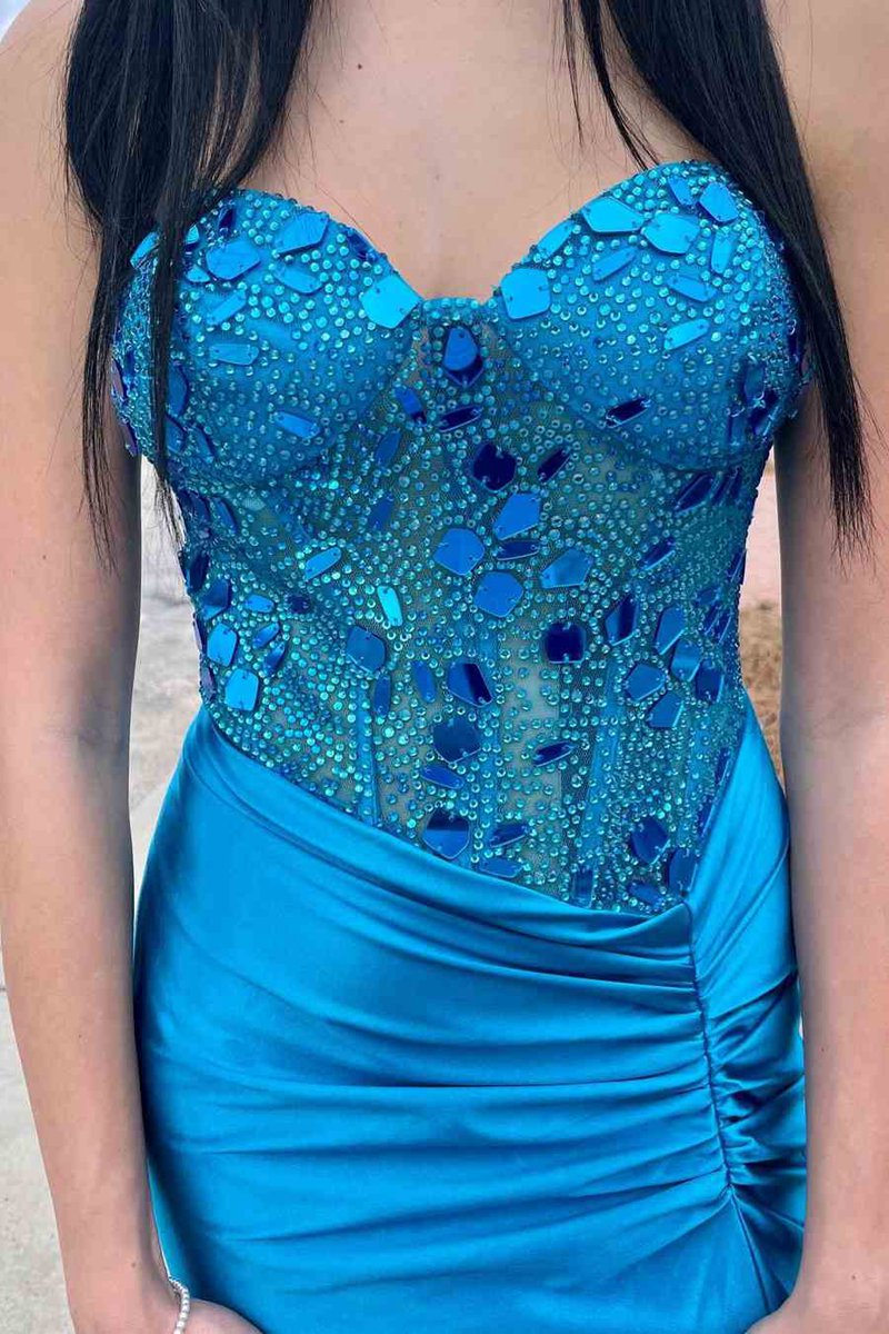 Cut Glass Mirror Rhinestone Corset Long Evening Dresses with Slit