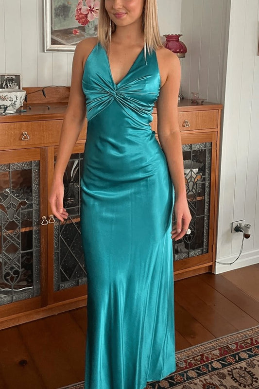 Halter V-Neck Pleated Satin Sleeveless Long Prom Party Dresses