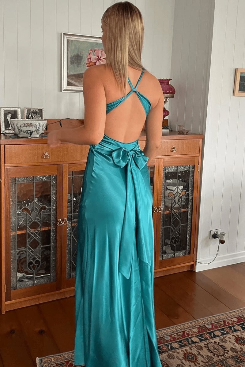 Halter V-Neck Pleated Satin Sleeveless Long Prom Party Dresses