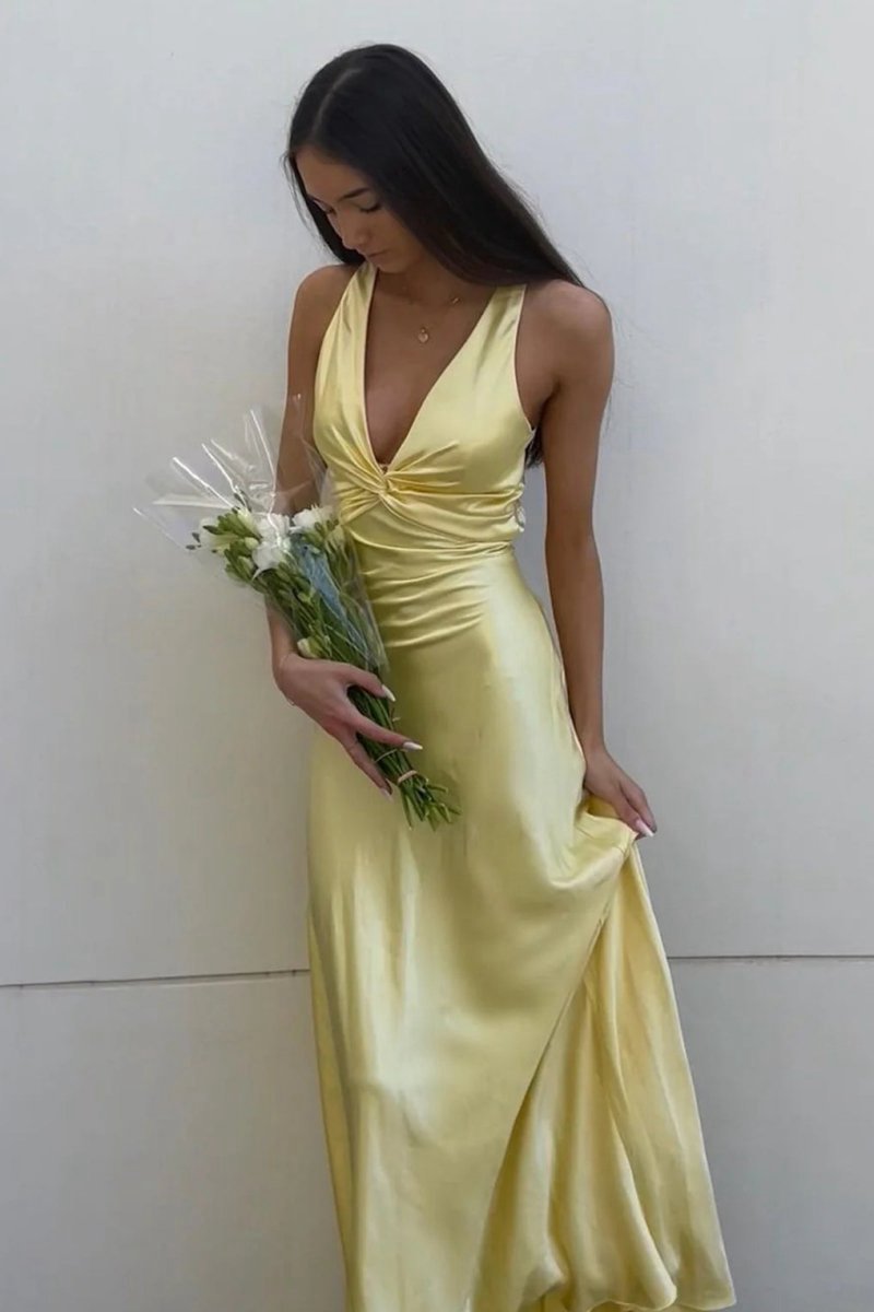 Halter V-Neck Pleated Satin Sleeveless Long Prom Party Dresses