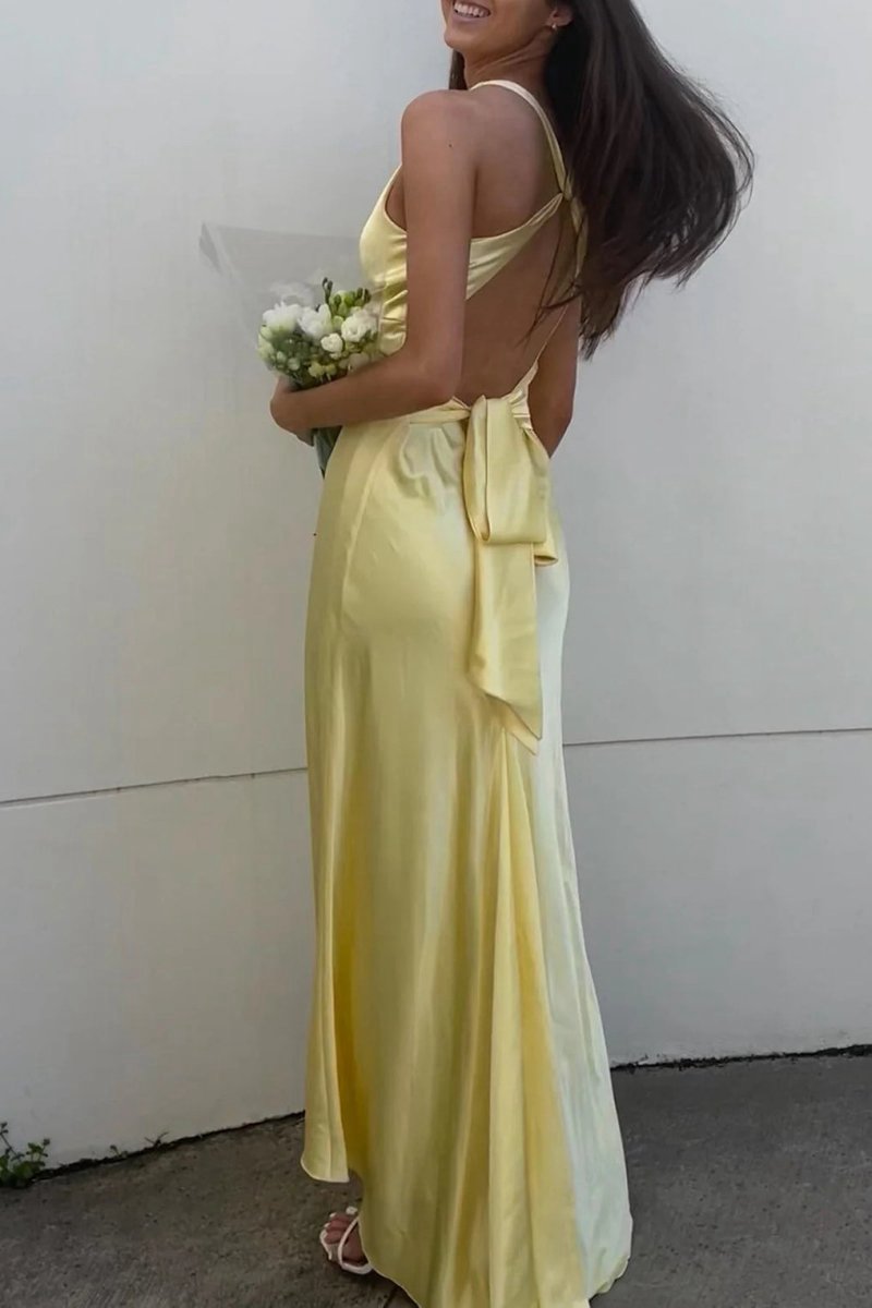 Halter V-Neck Pleated Satin Sleeveless Long Prom Party Dresses