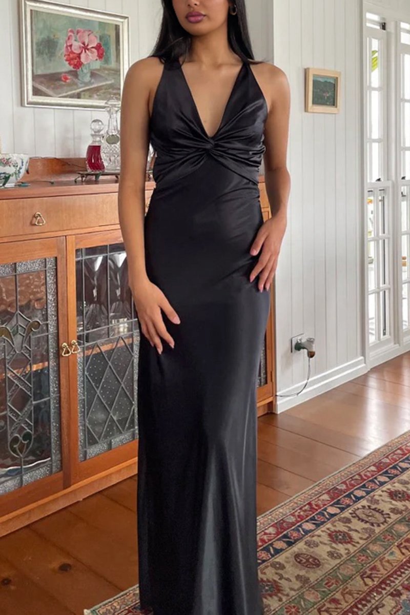 Halter V-Neck Pleated Satin Sleeveless Long Prom Party Dresses