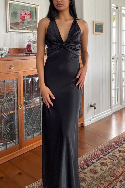 Halter V-Neck Pleated Satin Sleeveless Long Prom Party Dresses