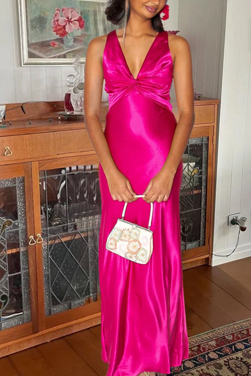 Halter V-Neck Pleated Satin Sleeveless Long Prom Party Dresses
