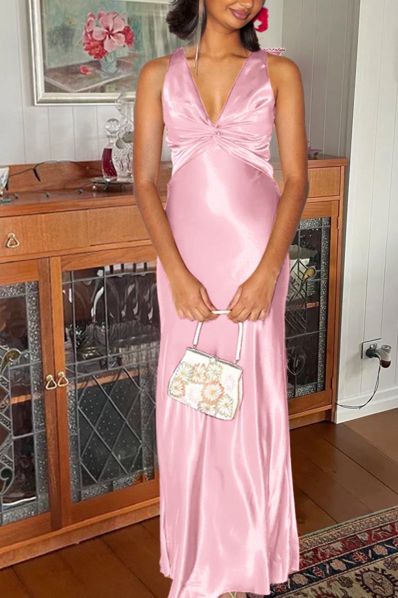 Halter V-Neck Pleated Satin Sleeveless Long Prom Party Dresses