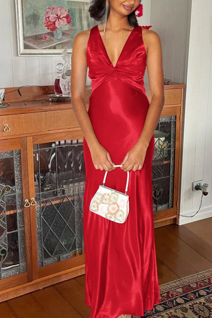 Halter V-Neck Pleated Satin Sleeveless Long Prom Party Dresses