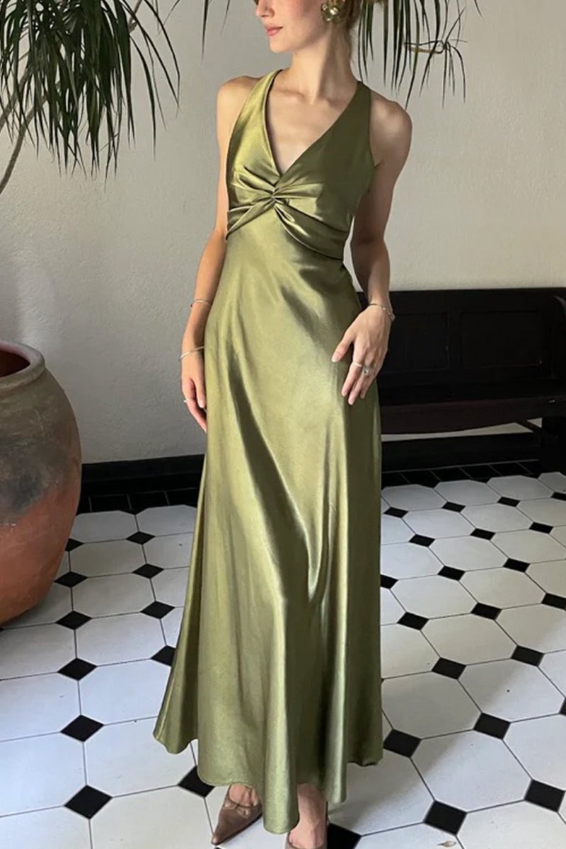 Halter V-Neck Pleated Satin Sleeveless Long Prom Party Dresses