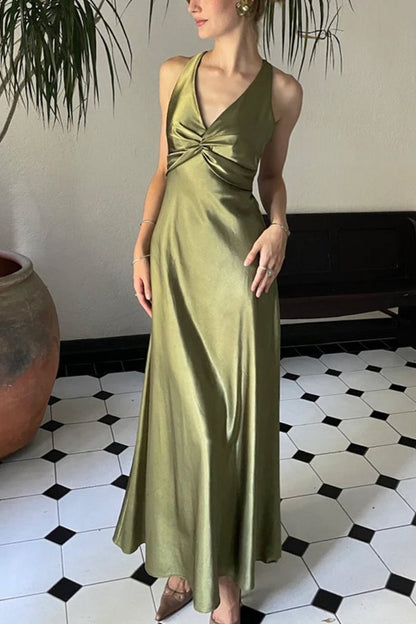 Halter V-Neck Pleated Satin Sleeveless Long Prom Party Dresses