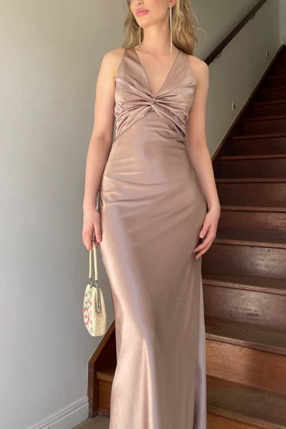 Halter V-Neck Pleated Satin Sleeveless Long Prom Party Dresses