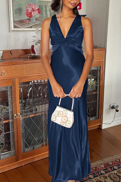 Halter V-Neck Pleated Satin Sleeveless Long Prom Party Dresses