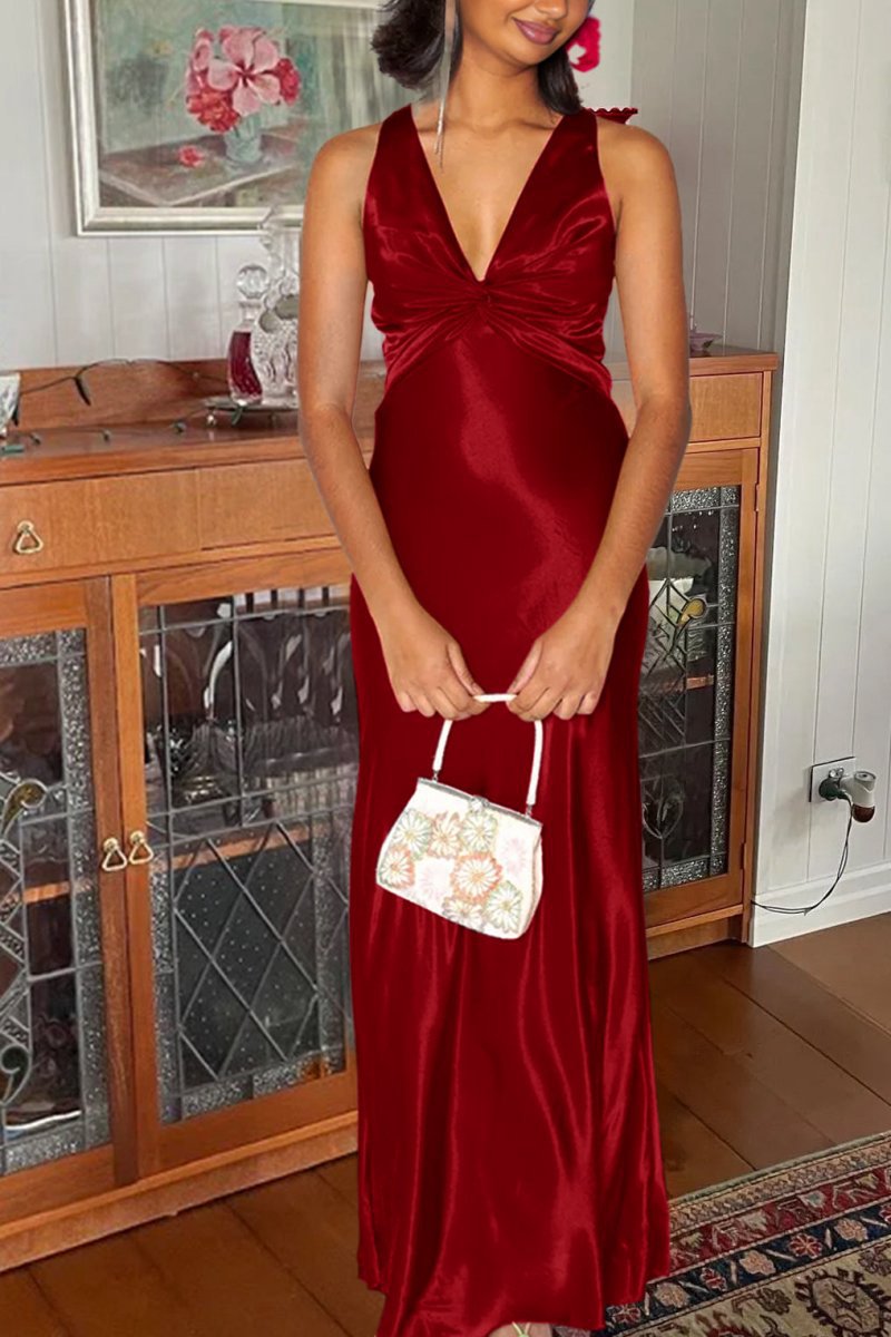 Halter V-Neck Pleated Satin Sleeveless Long Prom Party Dresses