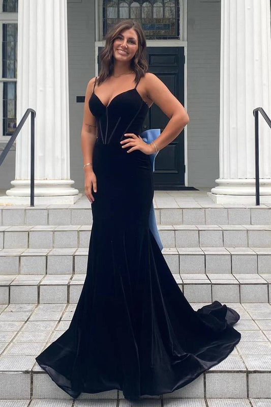 Elegant Mermaid V-Neck Spaghetti Straps Velvet Formal Prom Dresses with Bow
