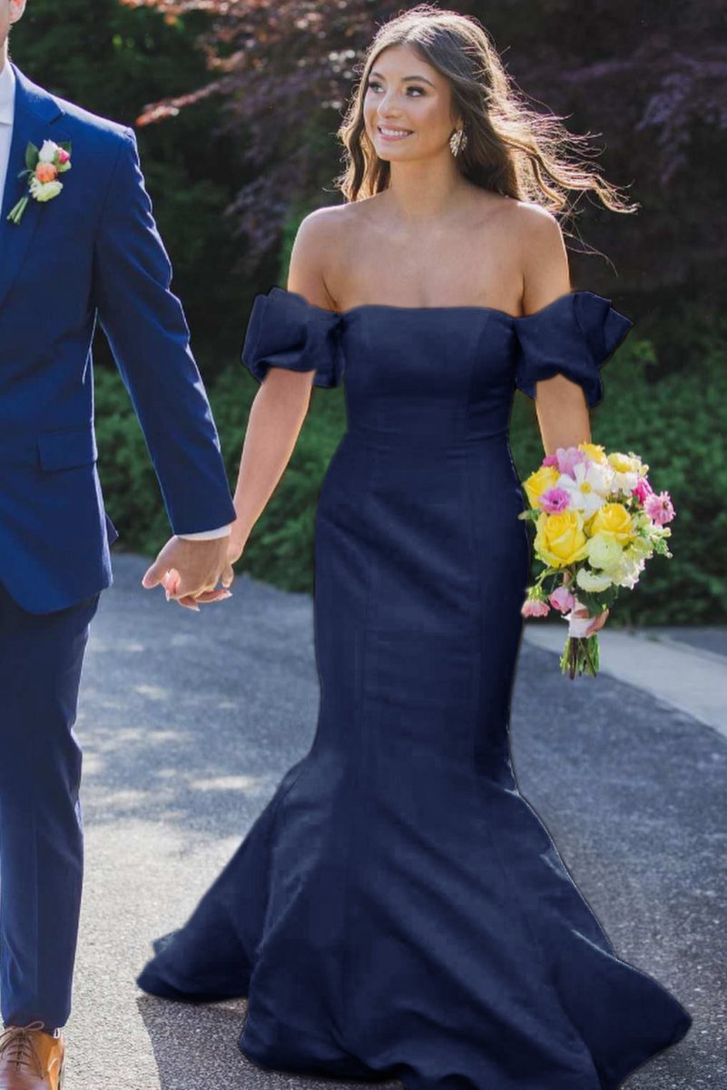 Satin Strapless Mermaid Pleated Long Formal Prom Dresses with Sleeves