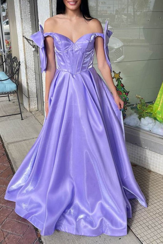 A-line Off-Shoulder Bow Pleated Long Prom Dresses