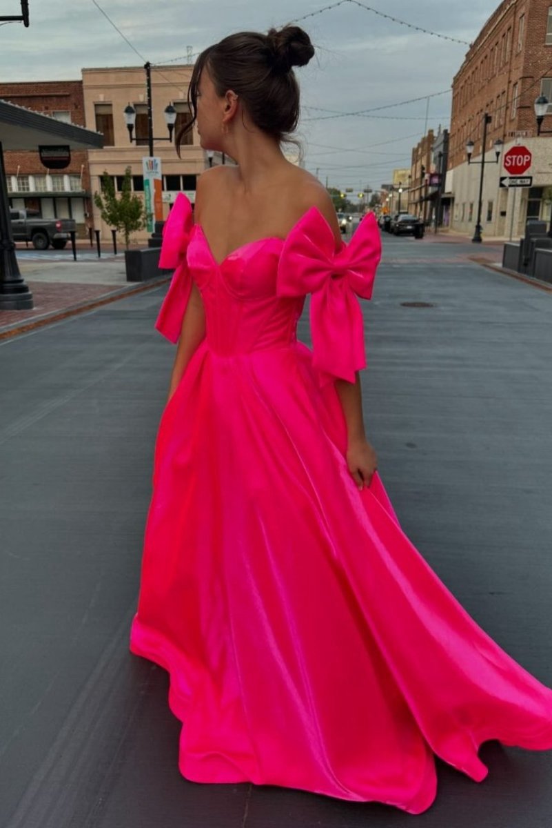 A-line Off-Shoulder Bow Pleated Long Prom Dresses