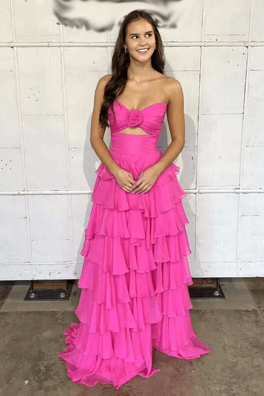 A-line Strapless V-Neck Layered Chiffon Sleeveless Formal Prom Dresses