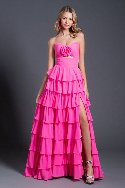 A-line Strapless V-Neck Layered Chiffon Sleeveless Formal Prom Dresses