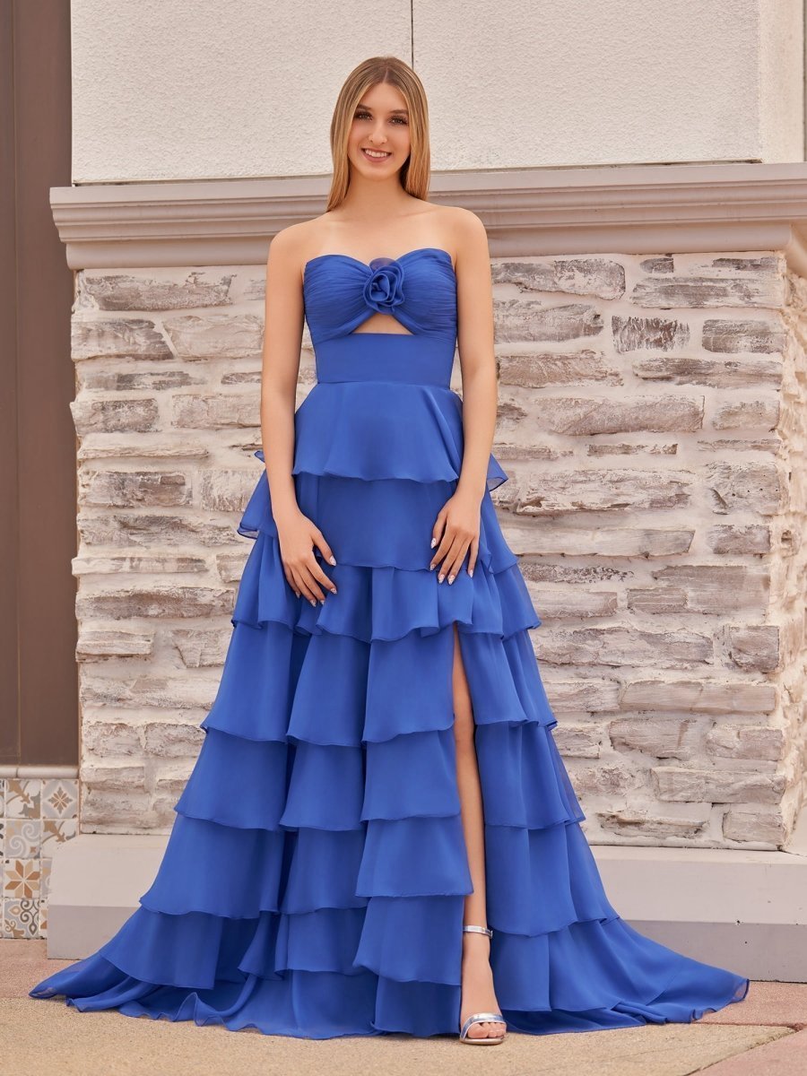 A-line Strapless V-Neck Layered Chiffon Sleeveless Formal Prom Dresses