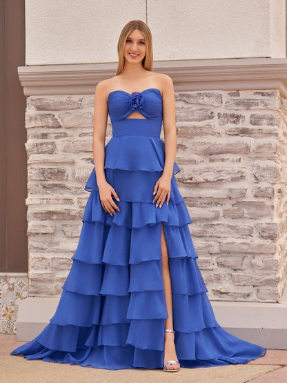 A-line Strapless V-Neck Layered Chiffon Sleeveless Formal Prom Dresses