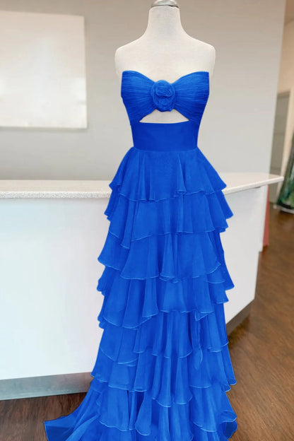 A-line Strapless V-Neck Layered Chiffon Sleeveless Formal Prom Dresses