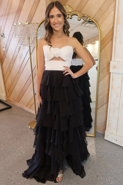 A-line Strapless V-Neck Layered Chiffon Sleeveless Formal Prom Dresses