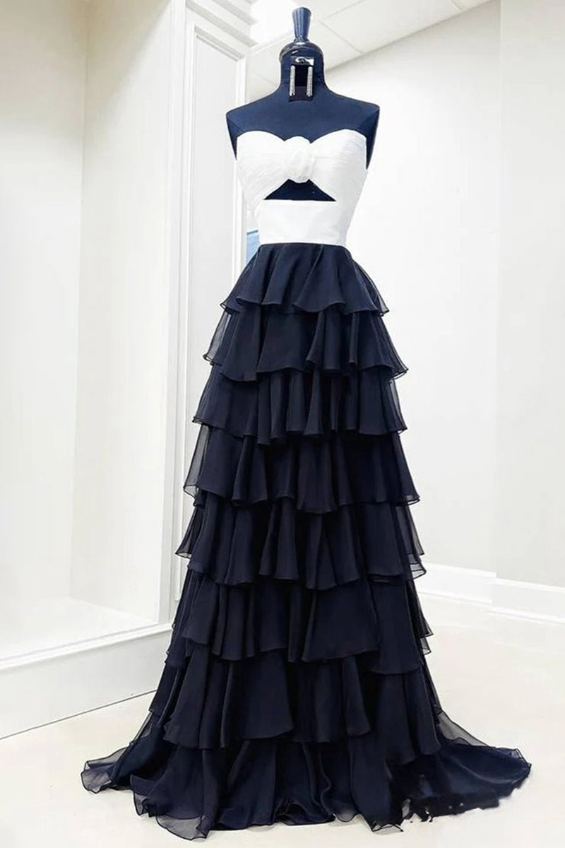 A-line Strapless V-Neck Layered Chiffon Sleeveless Formal Prom Dresses