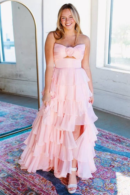 A-line Strapless V-Neck Layered Chiffon Sleeveless Formal Prom Dresses