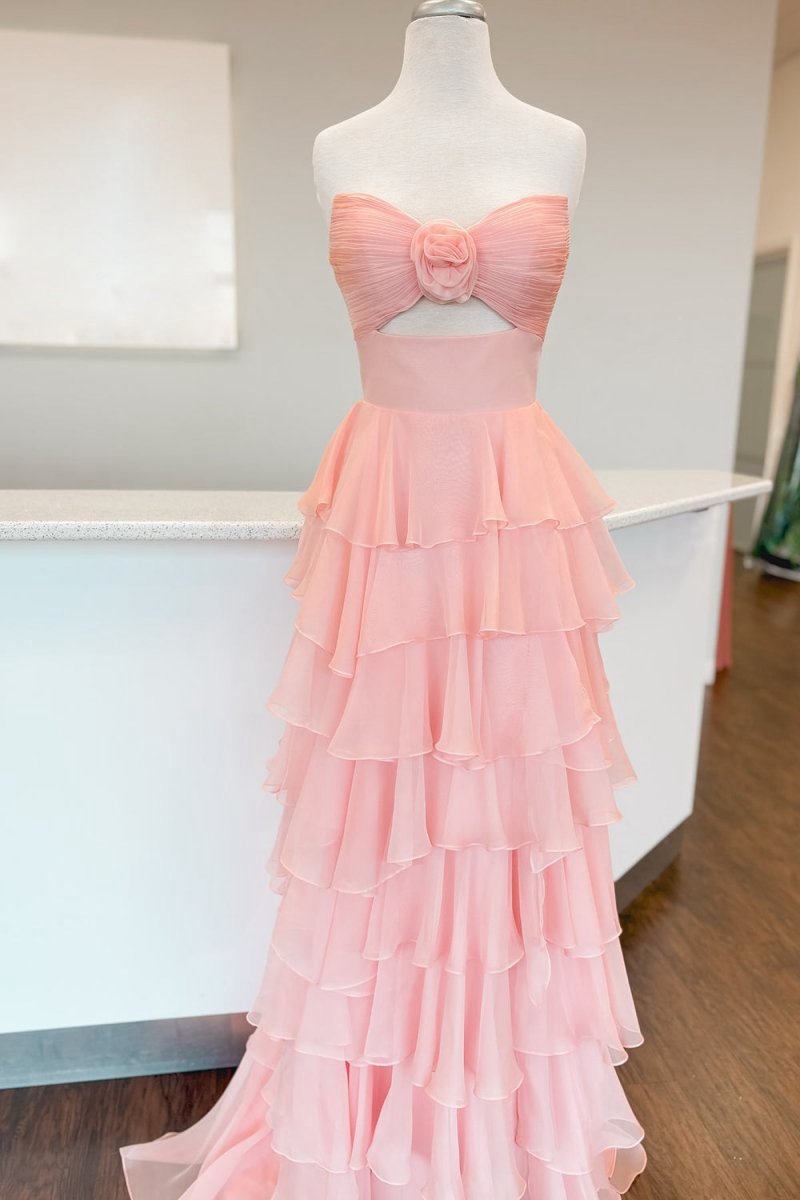 A-line Strapless V-Neck Layered Chiffon Sleeveless Formal Prom Dresses