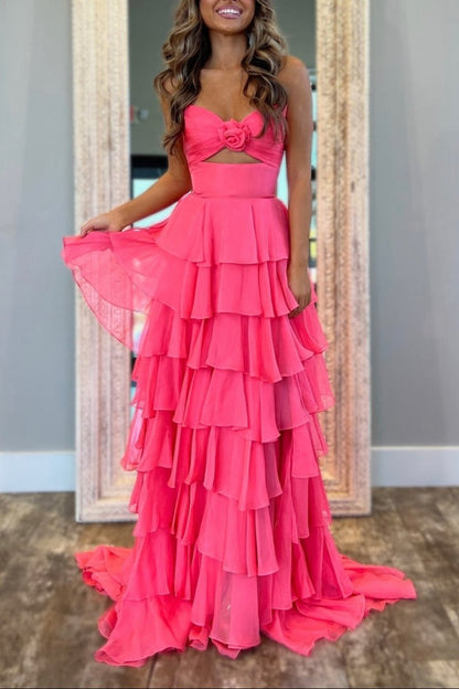 A-line Strapless V-Neck Layered Chiffon Sleeveless Formal Prom Dresses