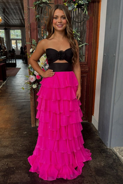 A-line Strapless V-Neck Layered Chiffon Sleeveless Formal Prom Dresses