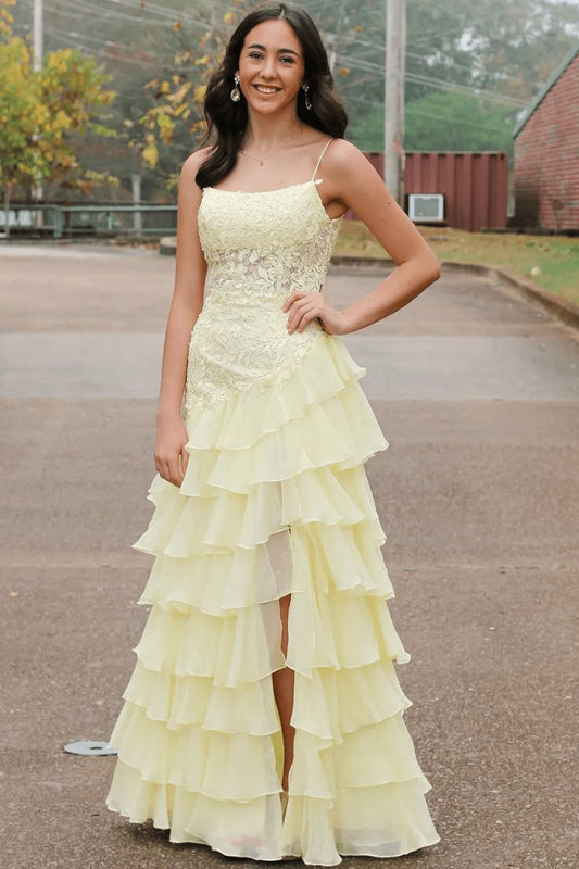 Spaghetti Straps Appliques A-line Layered Chiffon Prom Dresses with Slit