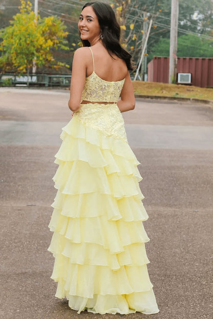 Spaghetti Straps Appliques A-line Layered Chiffon Prom Dresses with Slit